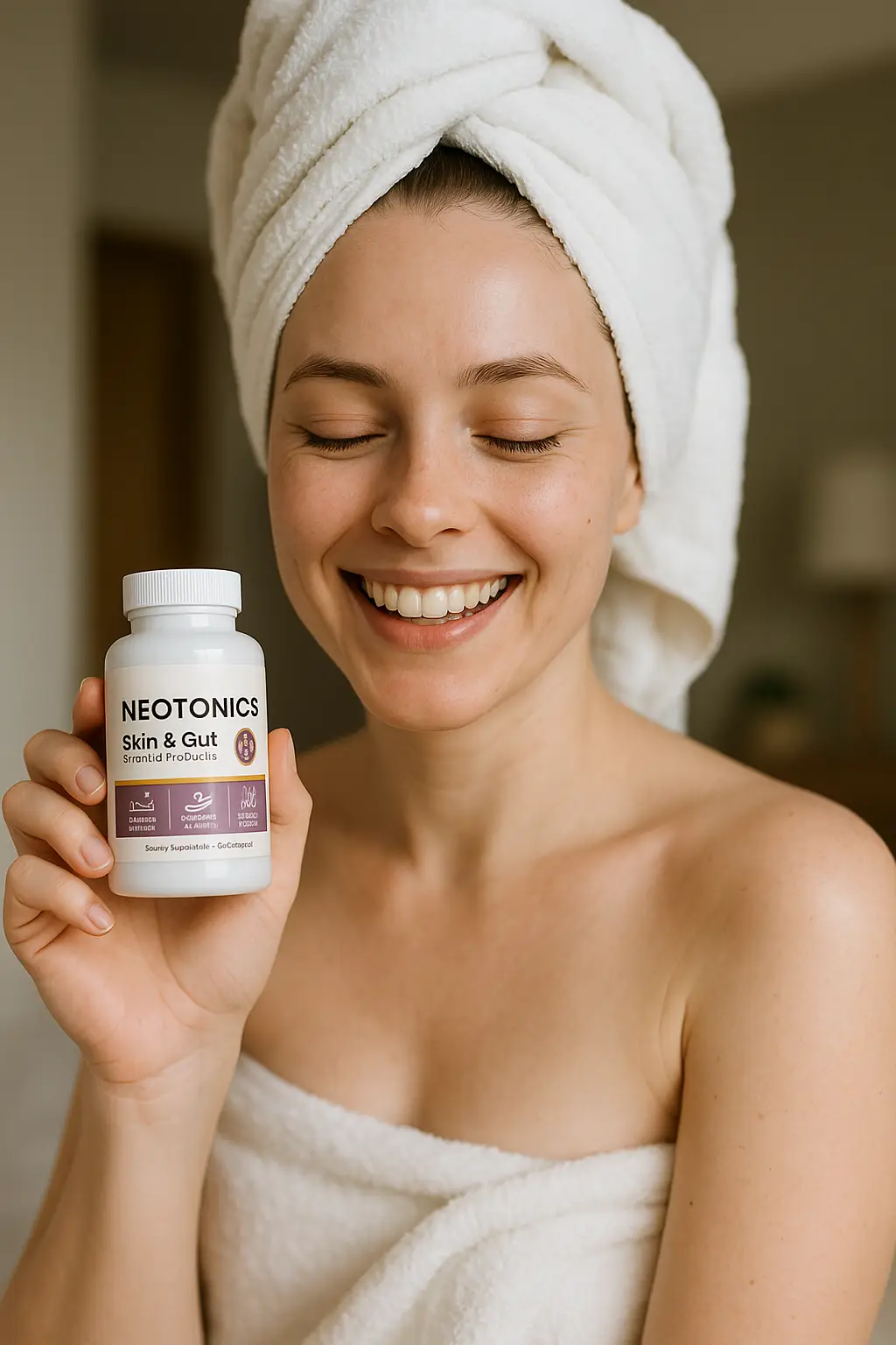 Happy Woman Holding Neotonics Bottle