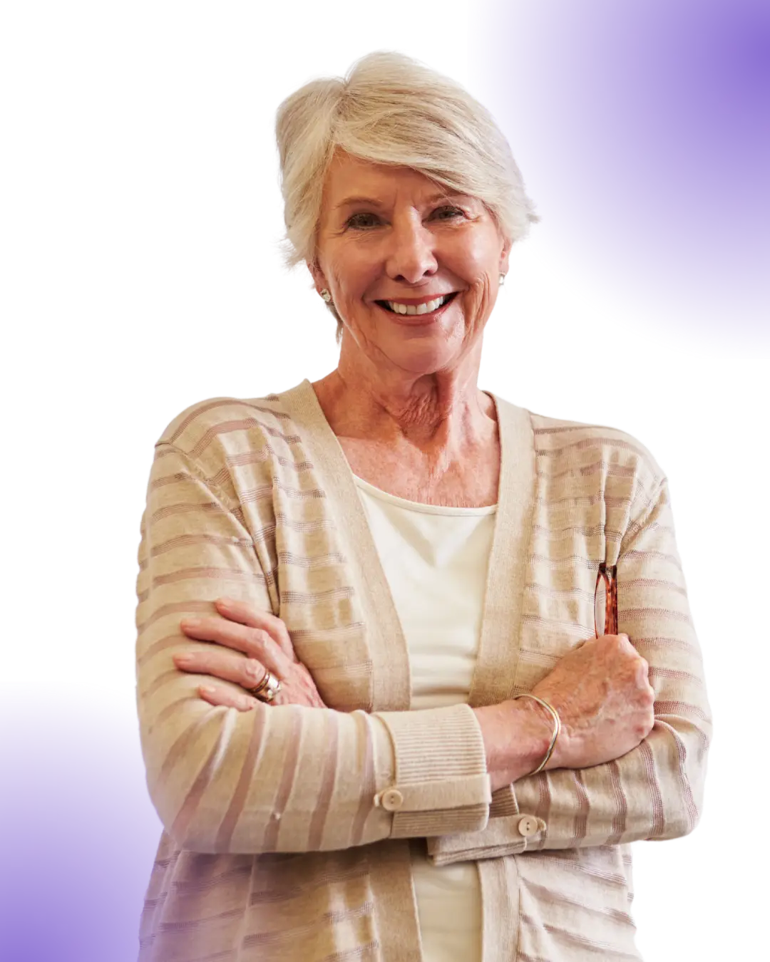 Confident 65-year-old woman with arms crossed, feeling mentally sharp